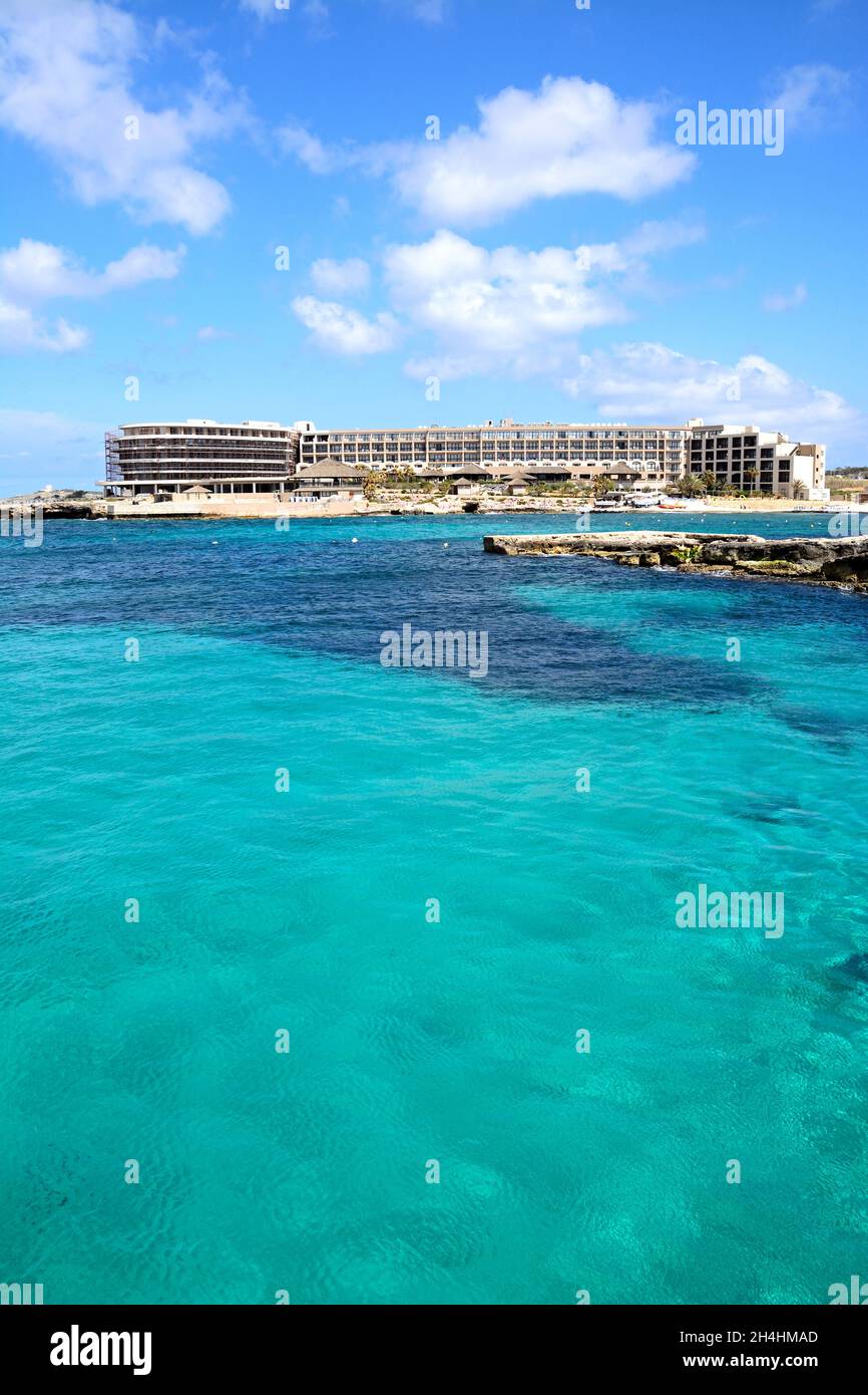 View of Ramla Bay Resort Hotel and beach, Ramla Bay, Malta, Europe. Stock Photo