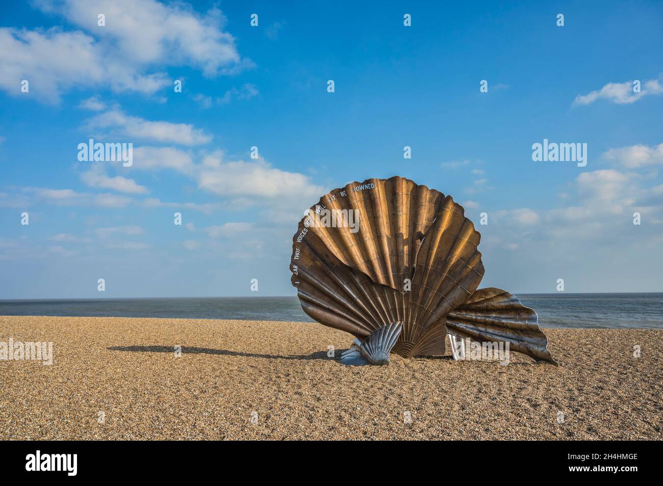 This is the Scallop Shell sculpture, located on the beach of the Suffolk Heritage Coast at historical resort town of Aldeburgh Stock Photo