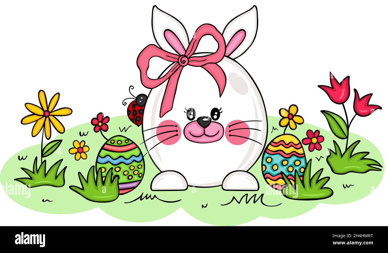 Easter bunny with eggs in the flower garden Stock Photo - Alamy