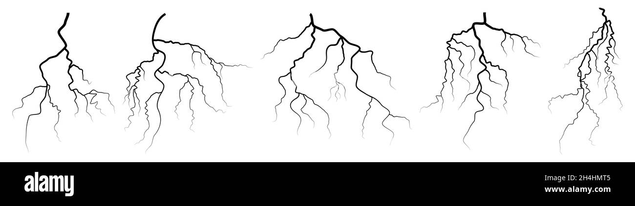 Set of vector silhouettes of thunderstorm lightning. Vector illustration  isolated on white Stock Vector