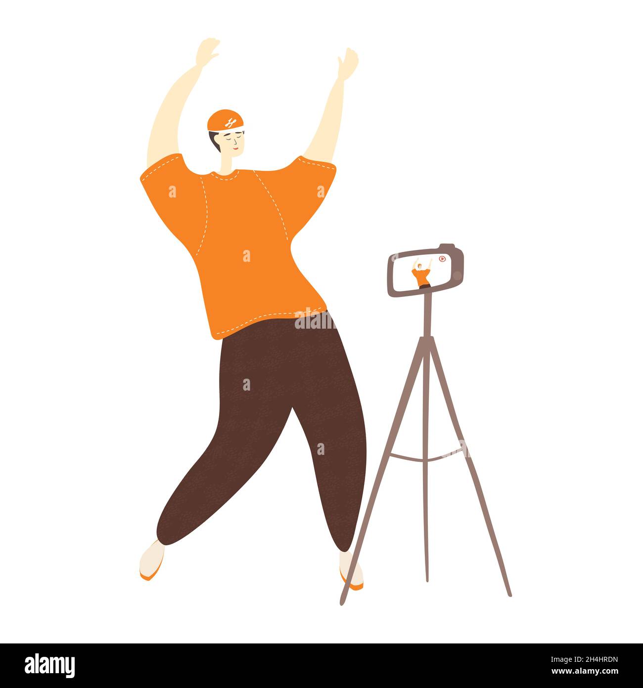 Male video blogger is dancing on camera. Young man is live streaming with smart phone. Dance challenge. Cartoon vector illustration Stock Vector