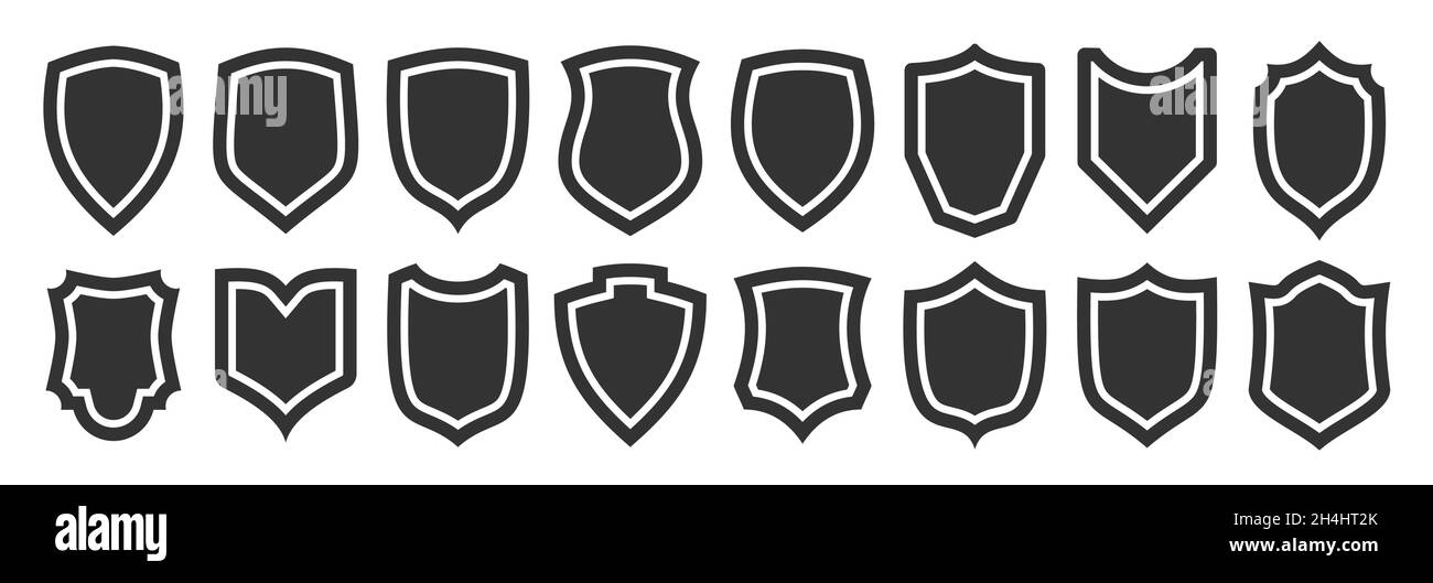 Shield black flat icon set. Different shape guard security, privacy sign, defense heraldic business logo symbol. Royal protection guarantee solid simple pictogram. Safety strong web firewall emblem Stock Vector