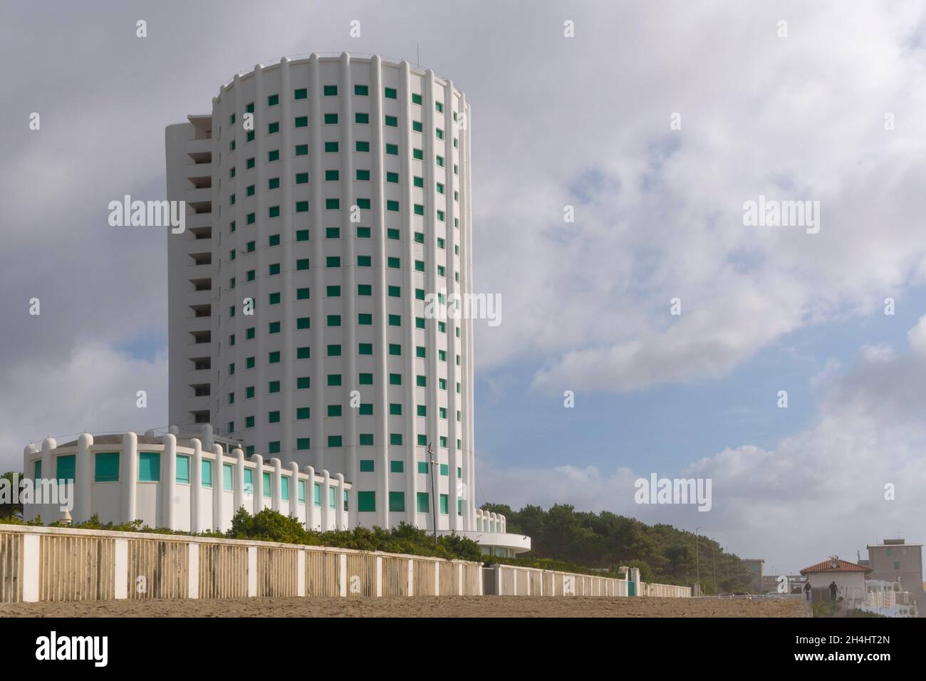 Massa, Italy - November, 3 2021 - The building known as Torre Fiat on the beach of Marina di Massa Stock Photo