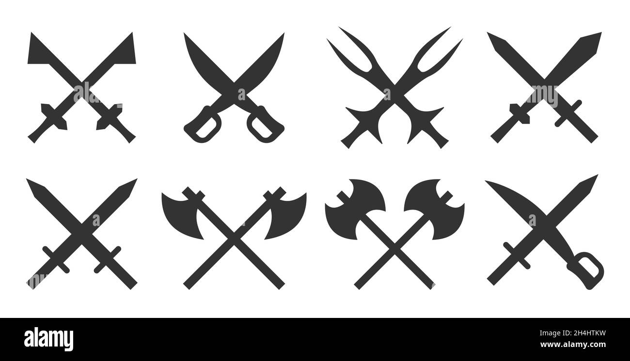 Medieval weapon set. Silhouettes of crossed steel arms, sword blade, sharp ancient knife, vintage saber, antique viking poleaxe. Military iron old daggers, longsword. Different eras war army equipment Stock Vector