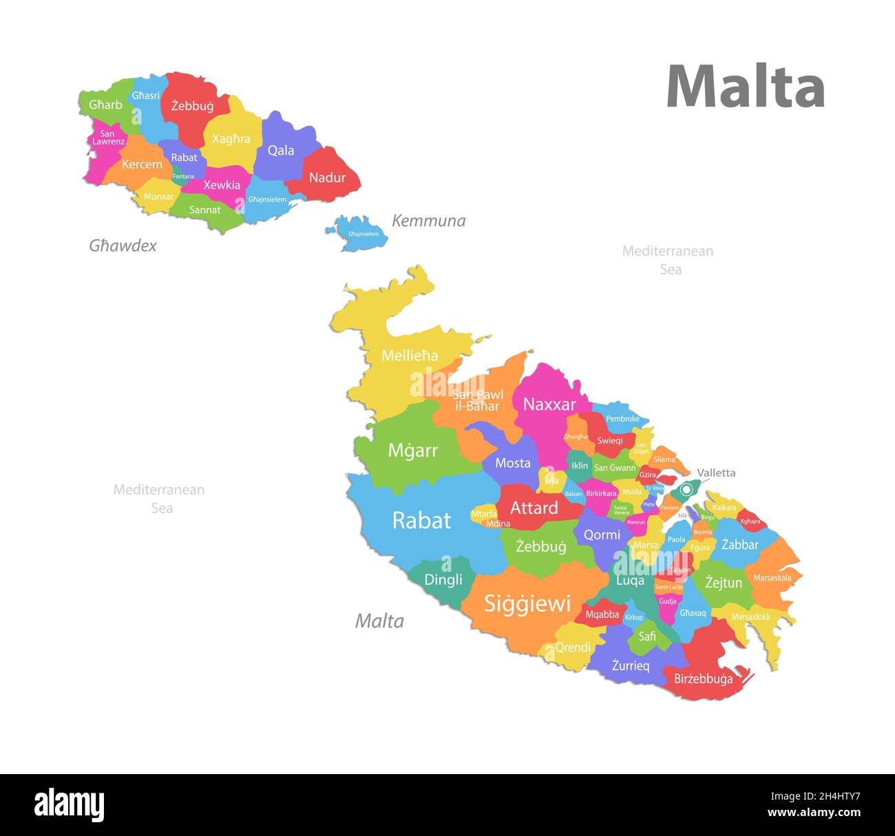 Malta map, administrative division, separate individual regions with