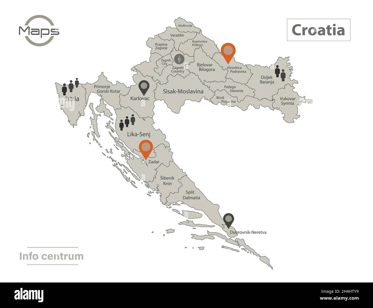 Croatia map, individual regions with names, Infographics and icons vector Stock Vector