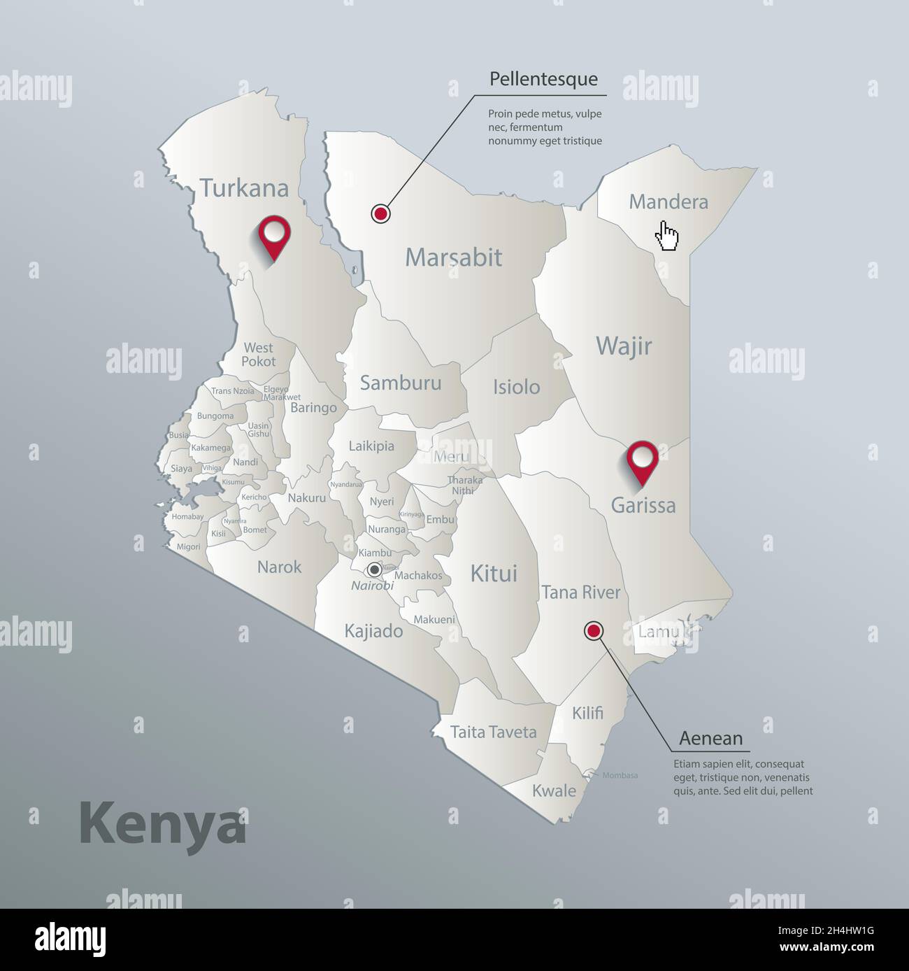 Kenya map, administrative division with names, blue white card paper 3D vector Stock Vector