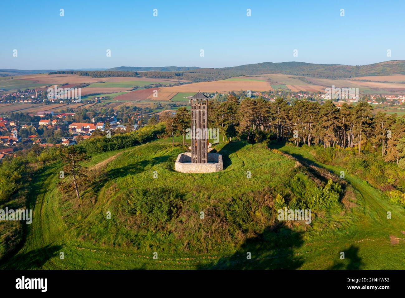 Lookout tower and fort ruins in Szendro village Hungary. Amazing ancient castle ruins on the top of hill. It has a lookout tower too. This splendid pl Stock Photo
