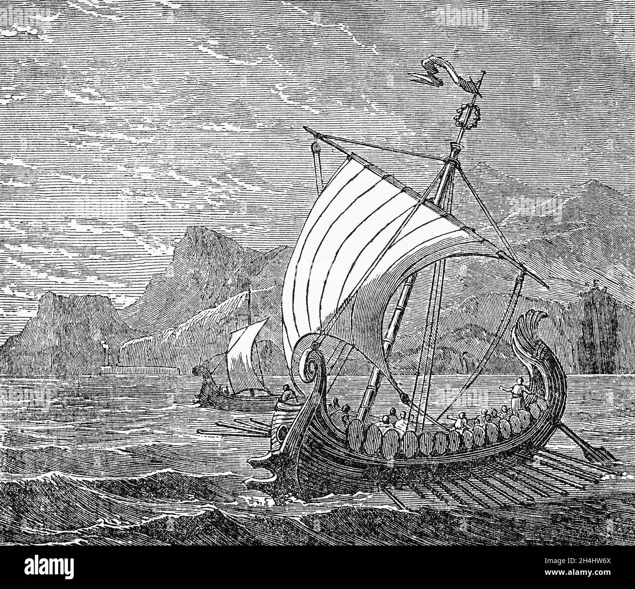 A late 19th Century illustration of a Roman Galley, a type of ship that is propelled mainly by oars and/ or sails. They have been around so long their exact origin remains unknown. By the time naval warfare was being recorded, they allowed naval powers to dominate the Mediterranean world.  Galleys went on to play a huge part in the battle for the Mediterranean between the Romans and Carthaginians in the 3rd and 2nd centuries BC – the Punic Wars. Stock Photo
