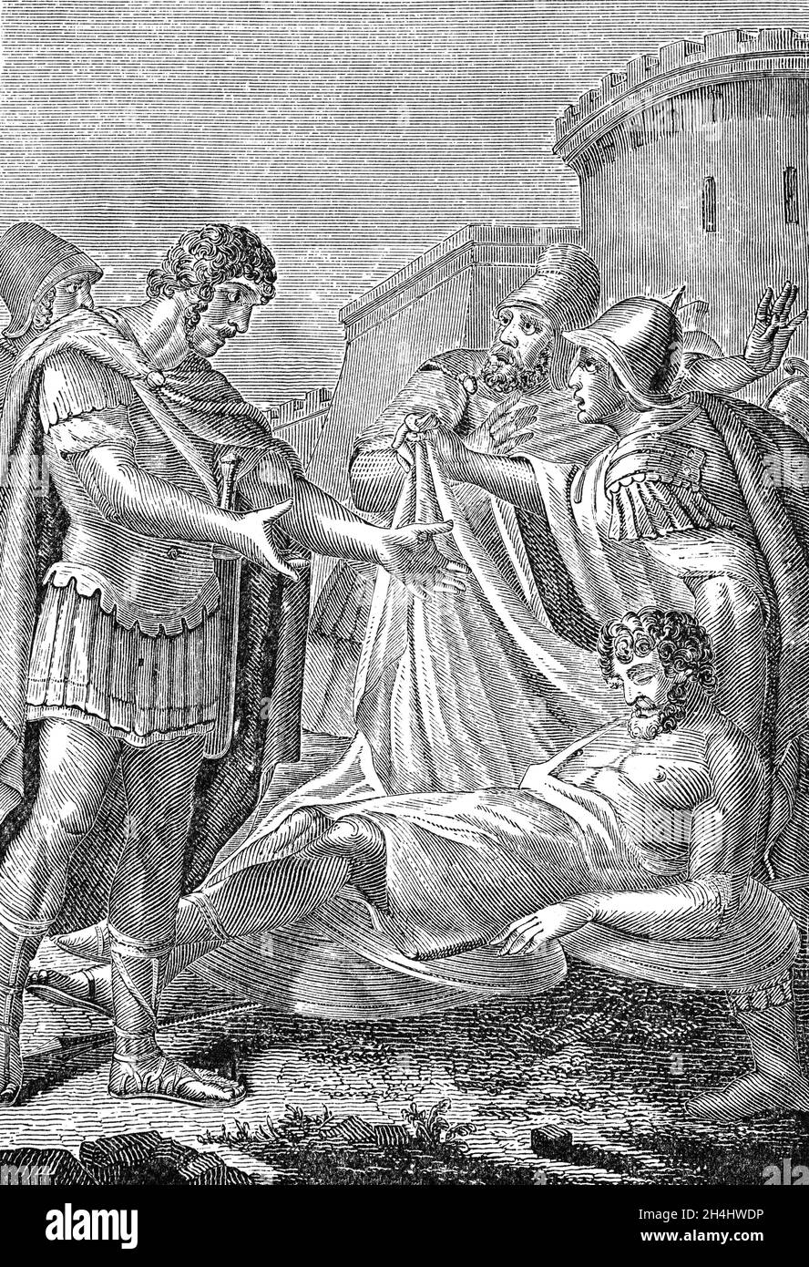 A late 19th Century illustration of Octavian aka Caesar Augustus (63BC- AD 14), viewing the body of Mark Antony. Octavian was the first Roman emperor, reigning from 27 BC until his death in AD 14. Founder of the Roman Principate (the first phase of the Roman Empire) he was one of the most effective leaders in human history. During the on-going conflict with Antony and Cleopatra, Octavian pursued and defeated their forces in Alexandria in 30 BC, following which Antony committed suicide, by falling on his own sword. Stock Photo