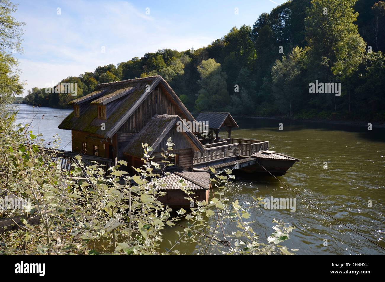 Mureck, Austria - September 24, 2021: Old ship mill on the river Mur, such mills were already used by the ancient Romans, the river forms the border b Stock Photo