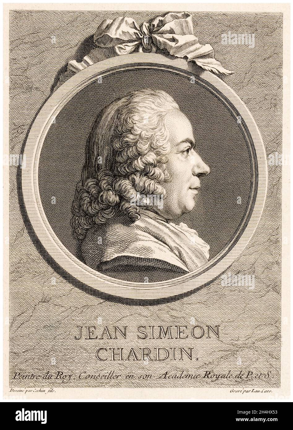 Jean Baptiste Siméon Chardin (1699-1779), French painter, portrait engraving by Charles Nicolas Cochin II & Laurent Cars, circa 1755 Stock Photo