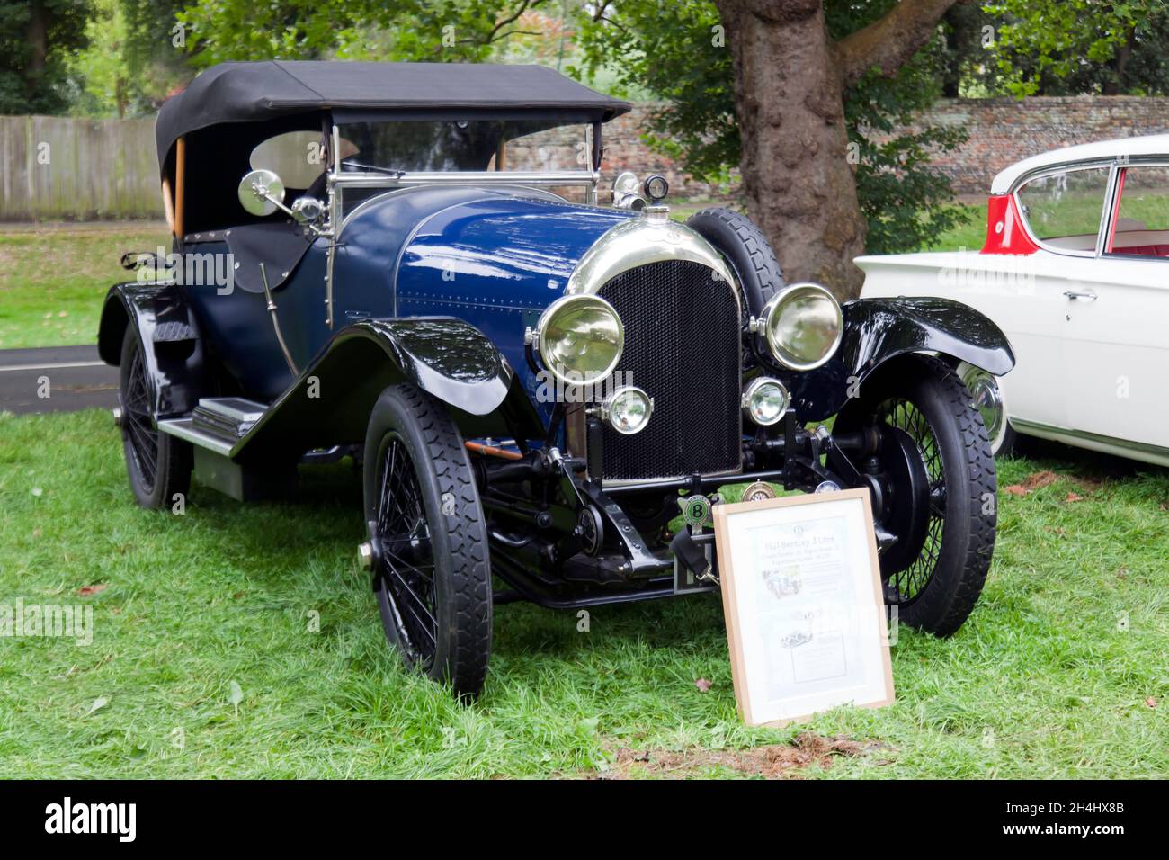 Three-quarters front view of a  Blue, 1921,  Bentley 3 Litre, on display at the Sandwich Festival Classic Car Show 2021 Stock Photo