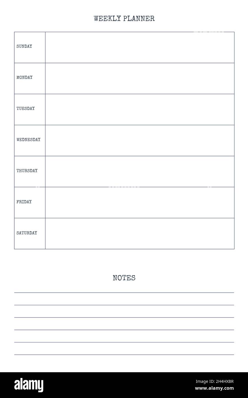 weekly personal planner diary template with type written font. Monthly calendar individual schedule minimalism restrained design for business notebook Stock Vector