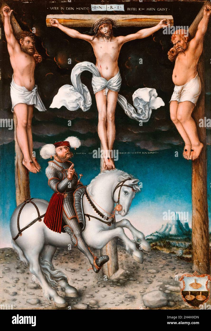 The Crucifixion with the Converted Centurion, painting by Lucas Cranach the Elder, 1538 Stock Photo