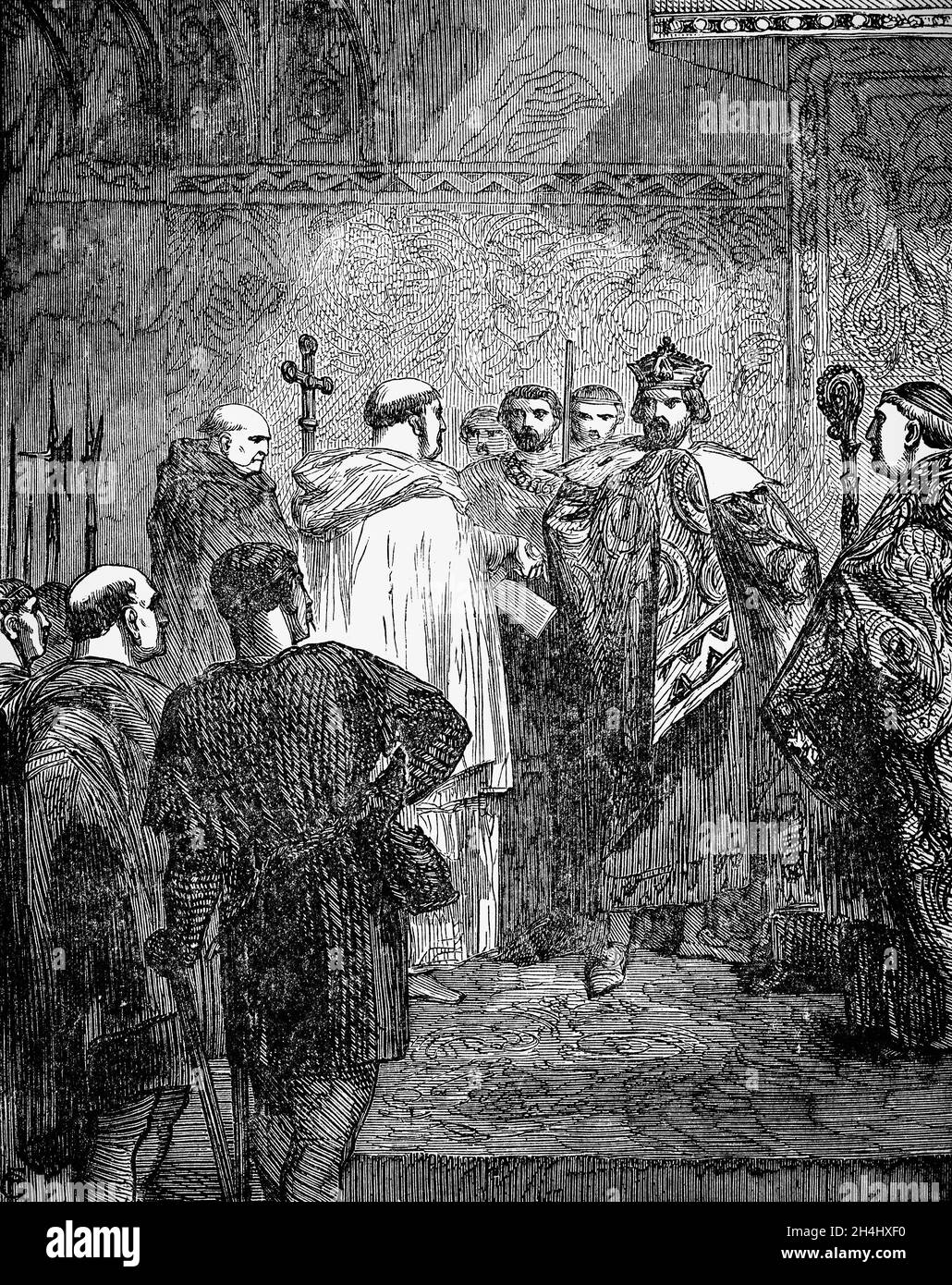A late 19th Century illustration of Frederick II (1194-1250), Holy Roman Emperor who as as king of Jerusalem, refusing entrance to the Holy Sepulchre, in the Christian Quarter of the Old City of Jerusalem. Traditionally, it contains Calvary, the site where Jesus was crucified and the empty tomb, believed to be where he was buried and resurrected.  Frequently at war with the papacy, which was hemmed in between Frederick's lands in northern Italy and his Kingdom of Sicily to the south, he was excommunicated three times and vilified in pro-papal chronicles by Pope Gregory IX. Stock Photo