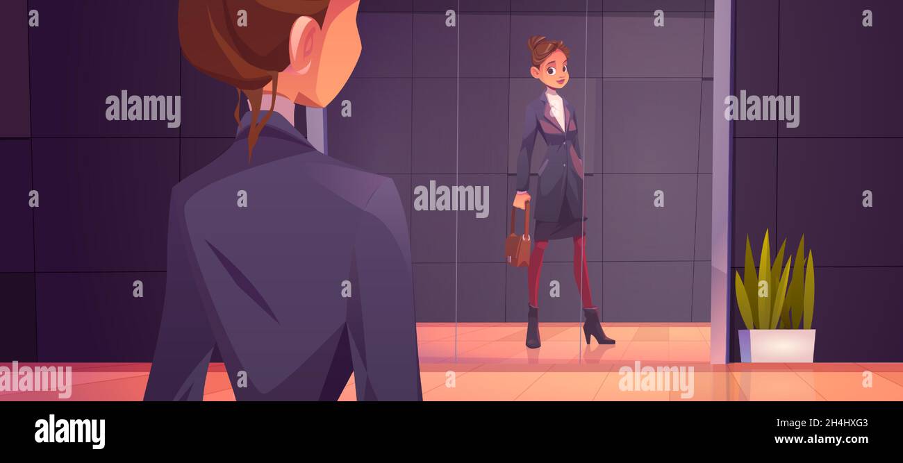 Business woman looking at her reflection in mirror at lobby. Clerk