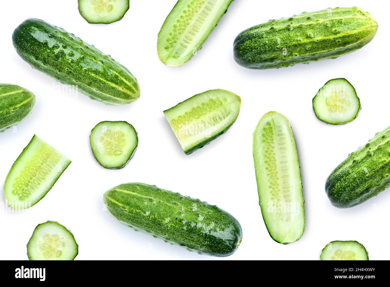 Cucumber set isolated on white background. Top view. Flat lay pattern Stock Photo