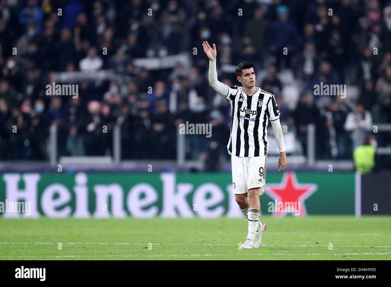 Alvaro Morata of Juventus Fc  celebrates at the end of the  Uefa Champions League Group H  match between Juventus Fc and Fc Zenit . Stock Photo