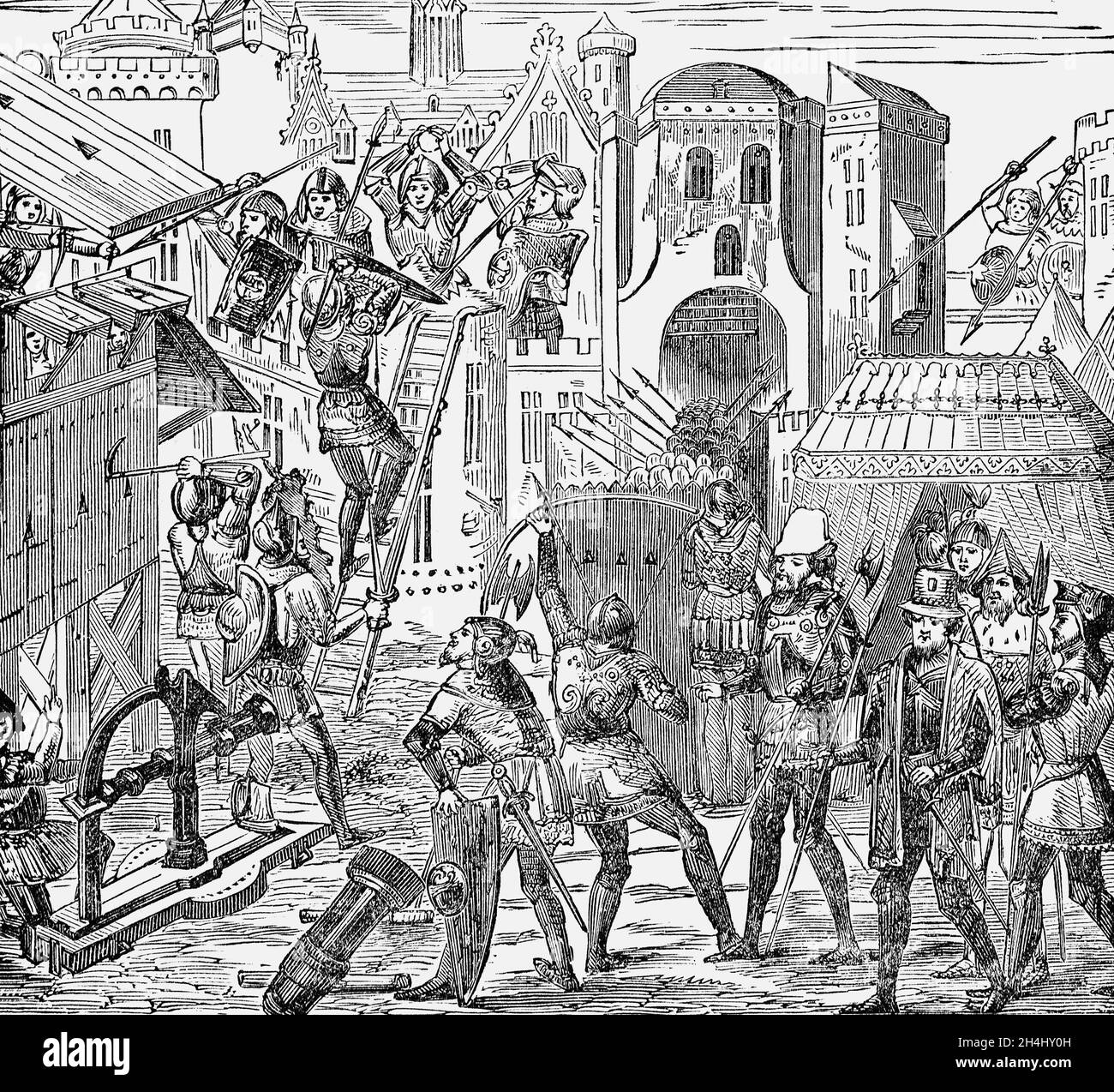 A late 19th Century illustration of a 15th century siege. With the adoptation of castle fortifications, siege weapons were utilised to destroy the fortifications or damage the defenses of the defending army. Seen here is a siege tower, built of wood on a frame with wheels that allowed it to be pushed up against the walls of a fortification. Other weapons included the Ballista that launched a large projectile; the Battering Ram; the Catapult to launch a projectile and the Trebuchet a type of catapult that launched projectiles like rocks with the use of a large swinging arm. Stock Photo