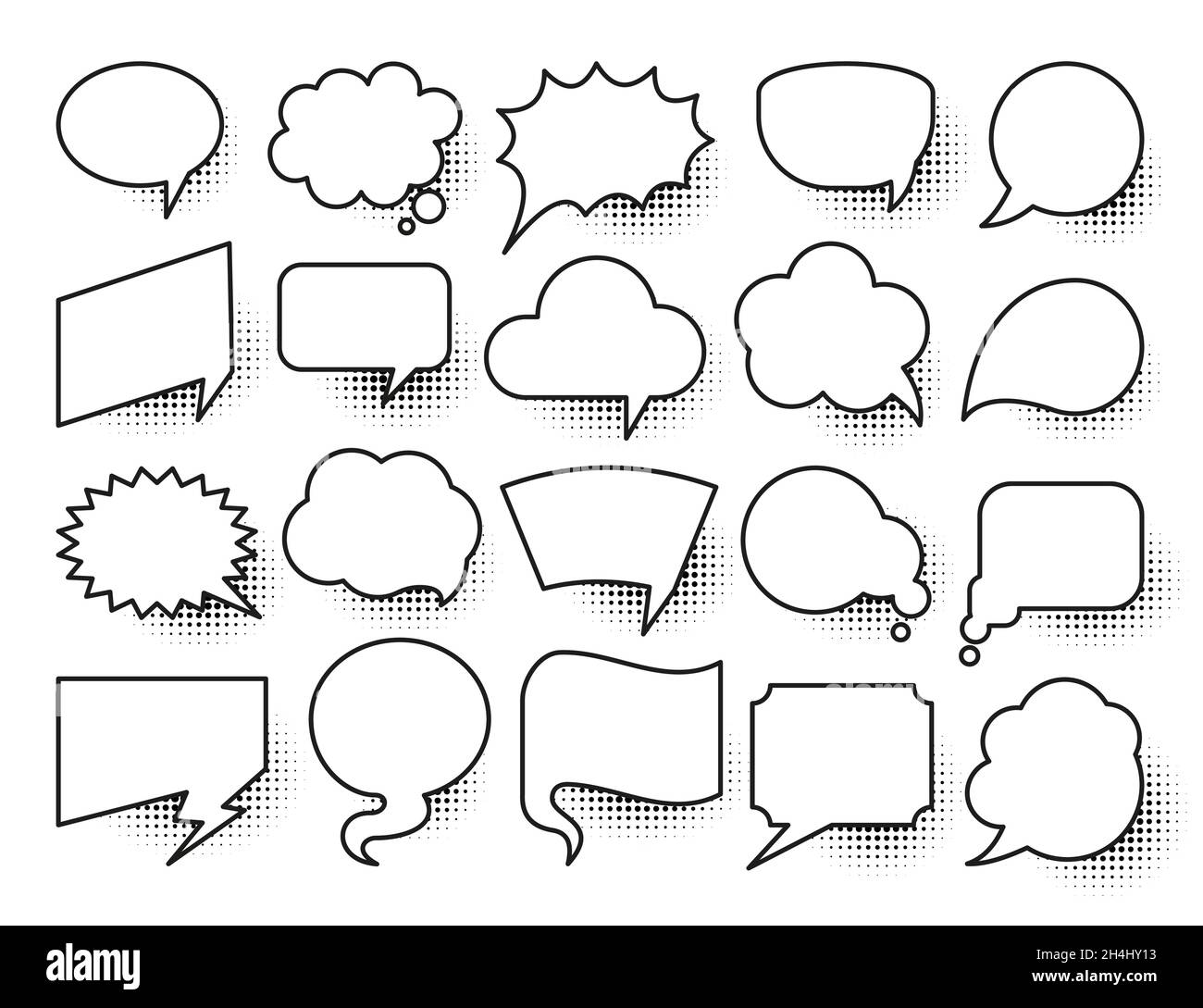 Speech bubble pop art set. Comic text frames with black halftone shadows. Vintage cartoon banners speak, think, idea sign. Retro empty cloud bubbles for message, chat, dialog on white background Stock Vector