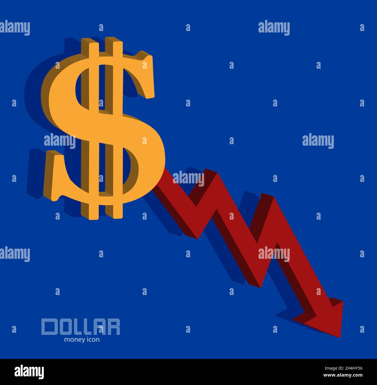 Dollar and chart, Bearish icon, falling price, background money, vector