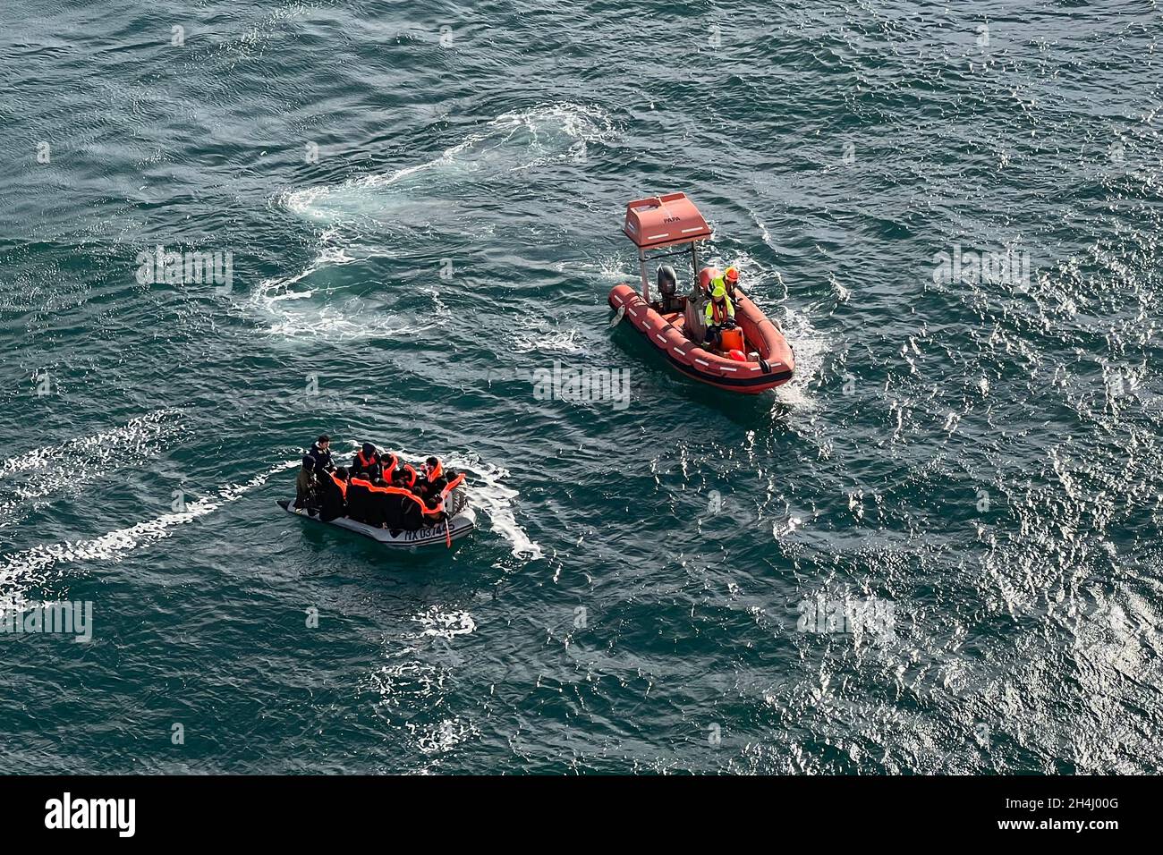 A lifeboat from the Irish Ferrries' MS Isle of Inishmore rescues a migrant  boat in the English Channel after the boat came into difficulty. 13  migrants were rescued around 11am UK time