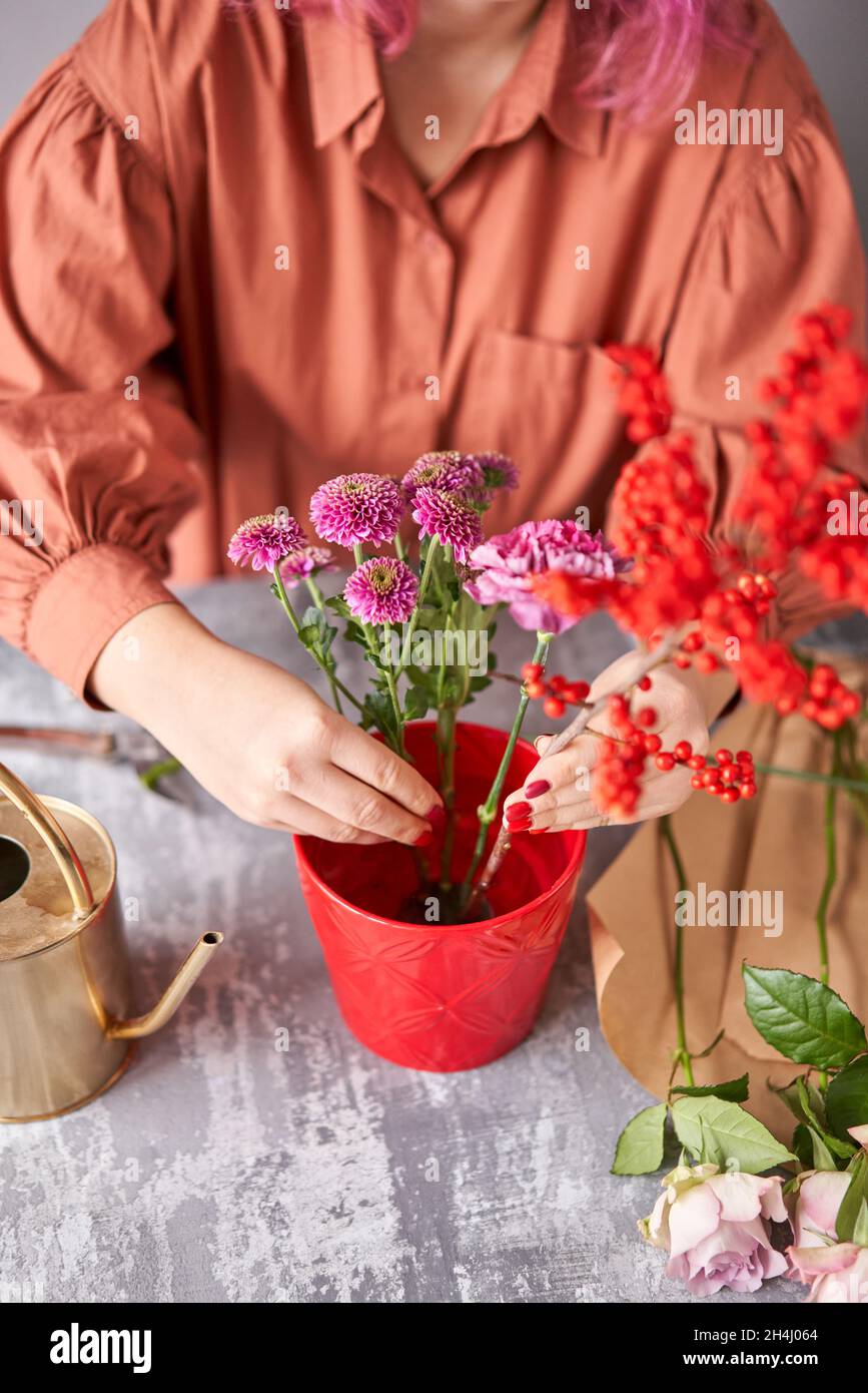 Step by step installation of flowers in a vase. Flowers bunch, set for