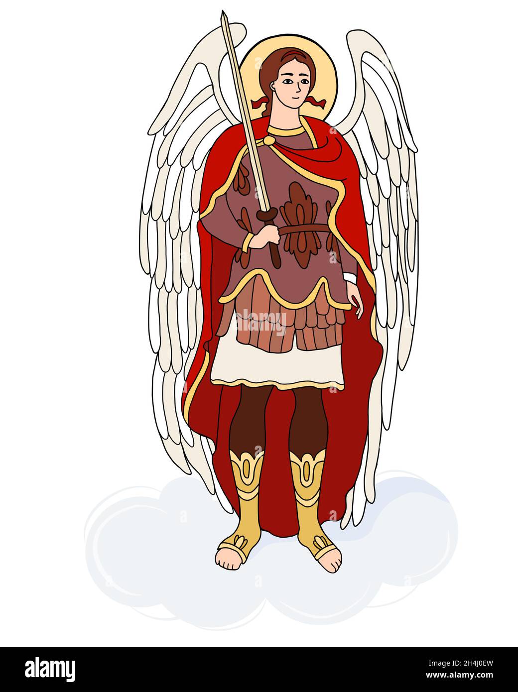 protector and warrior Archangel Michael in armor with sword. Vector illustration. hand drawing icon of Saint Michael Archangel. Religious concept for Stock Vector