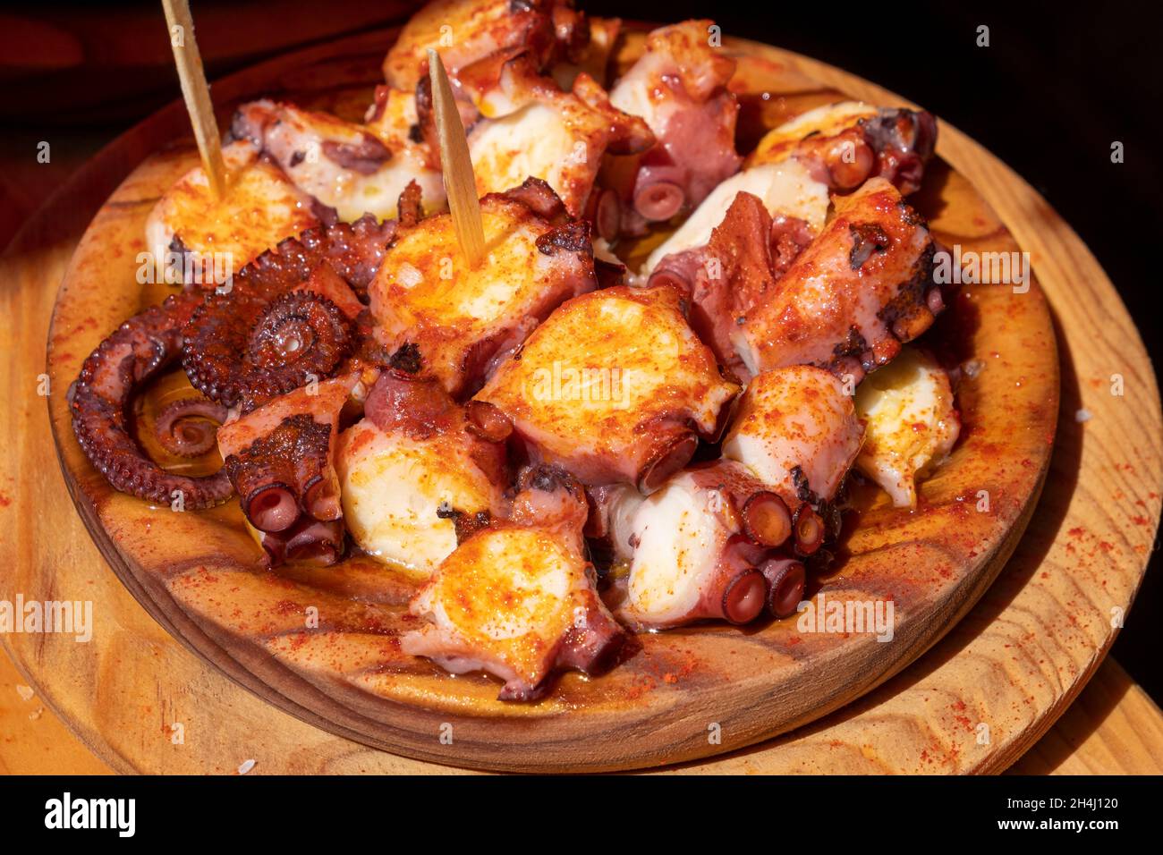 Portion of octopus, prepared Galician style, pulpo a feira. Spain. Stock Photo