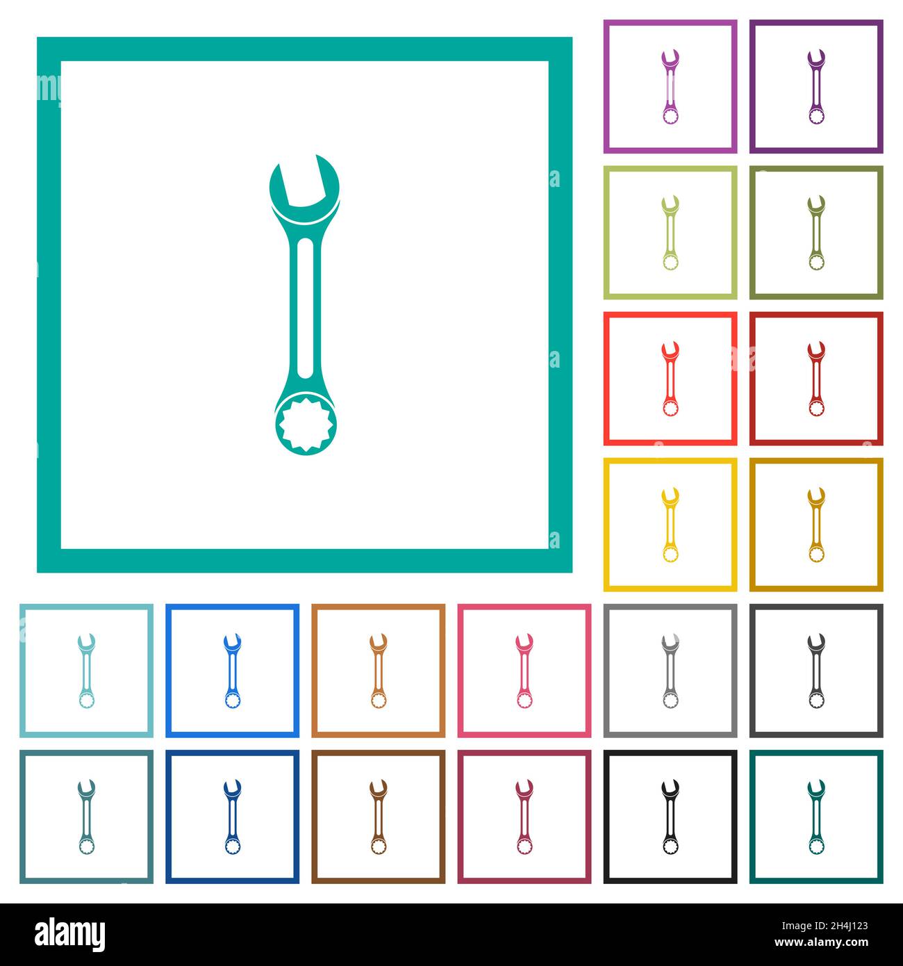 Single wrench flat color icons with quadrant frames on white background ...