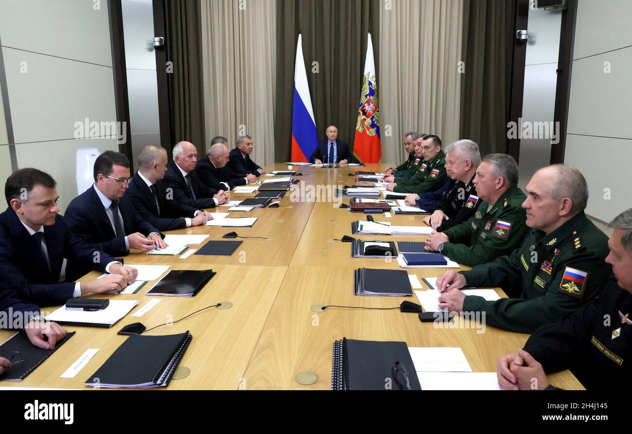 November 2, 2021. - Russia, Sochi. - Russian President Vladimir Putin holds a meeting with top officials of the Russian Defense Ministry and Russia's military industry at Bocharov Ruchei residence. Stock Photo