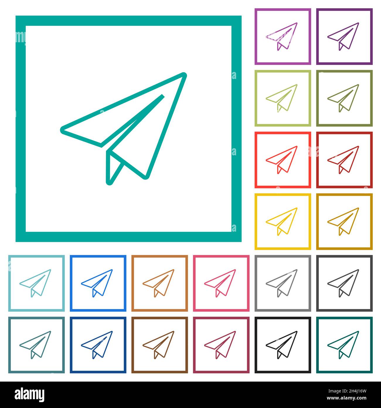 Paper plane outline flat color icons with quadrant frames on white ...
