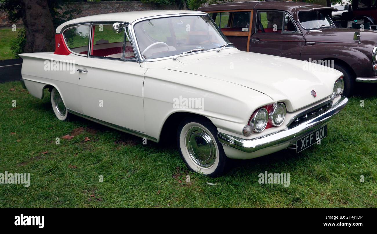 Three-quarters front view of a White, 1962, Ford Consul Classic 315, on display at the Sandwich Festival Classic Car Show 2021 Stock Photo