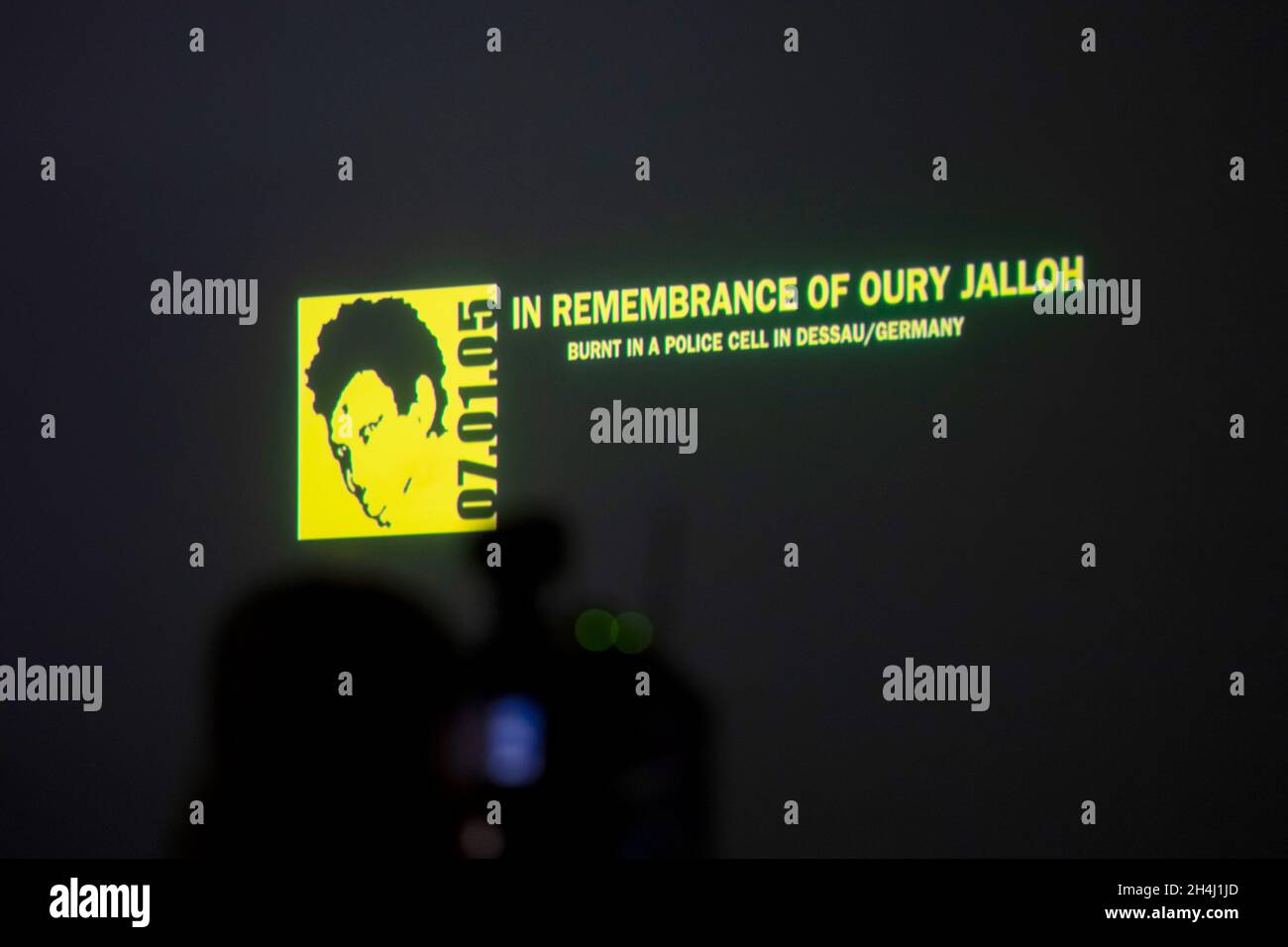 Berlin, Germany. 03rd Nov, 2021. "in remembrance of oury jalloh" is written in large letters on