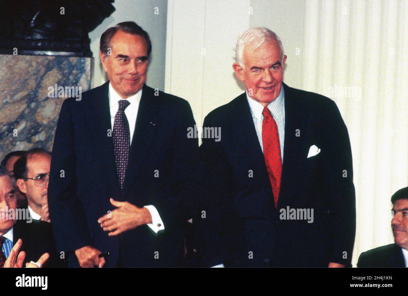 Incoming United States Senate Majority Leader Bob Dole (Republican of Kansas), left, and Speaker of the United States House of Representatives Tom Foley (Democrat of Washington), right, attend the signing of the multinational GATT Treaty at the Organization of American States Building in Washington, DC on Thursday, December 8, 1994. Credit: Ron Sachs/CNP Stock Photo