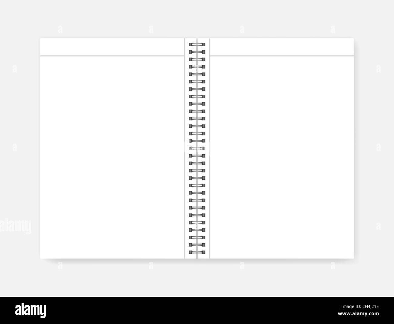 Open spiral blank notebook with margins, realistic mockup. Wire bound empty white A4 notepad spread, vector template Stock Vector