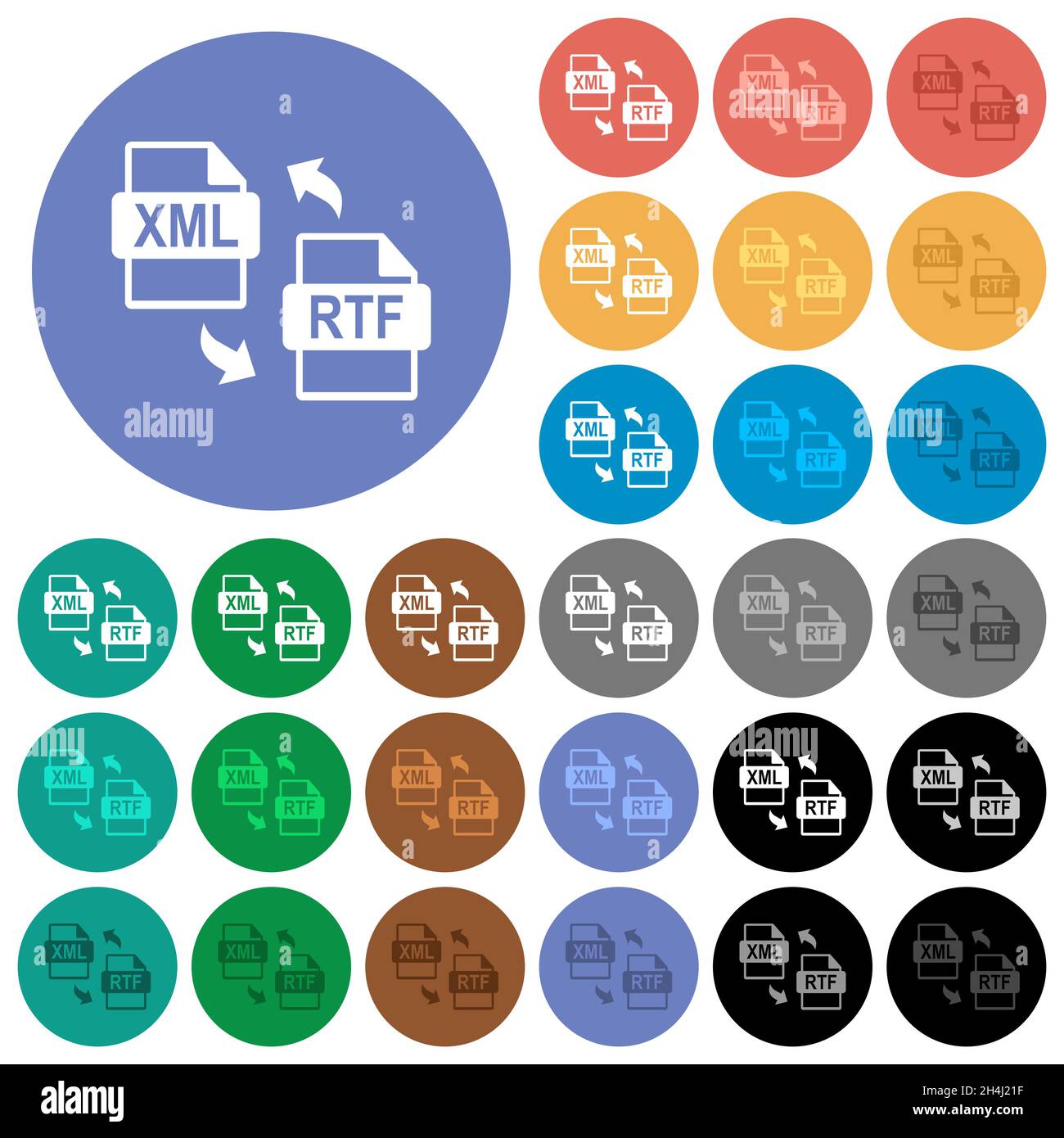 XML RTF file conversion multi colored flat icons on round backgrounds. Included white, light and dark icon variations for hover and active status effe Stock Vector