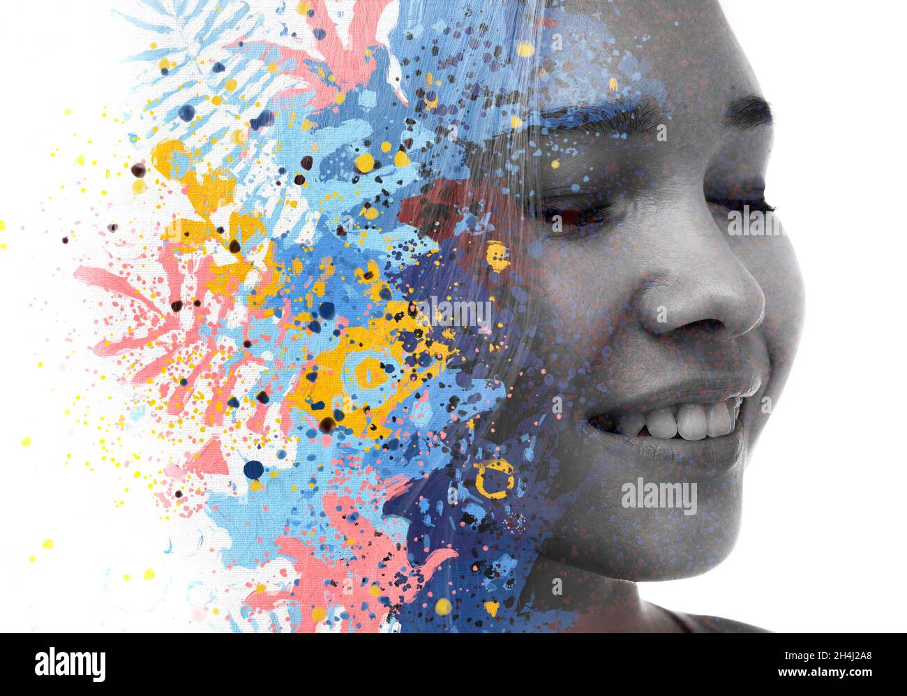 A portrait of a woman combined with digital graphics in a double ...