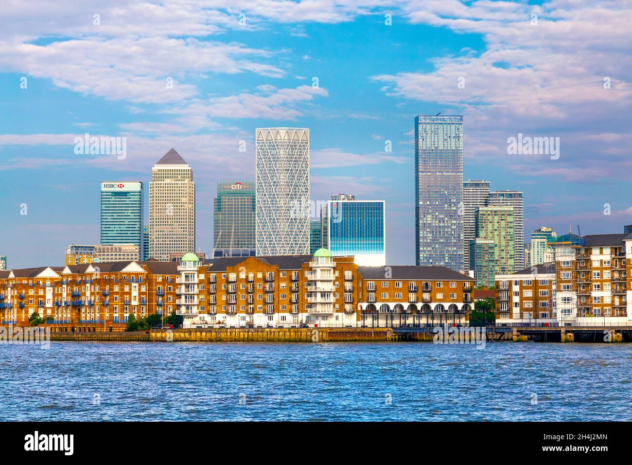 View of Rotherhithe and the Canary Wharf skyline, London, UK Stock Photo