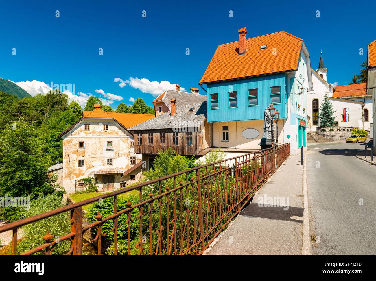 View of the Capuchin Bridge (Kamniti most) in the small Slovenian town ...