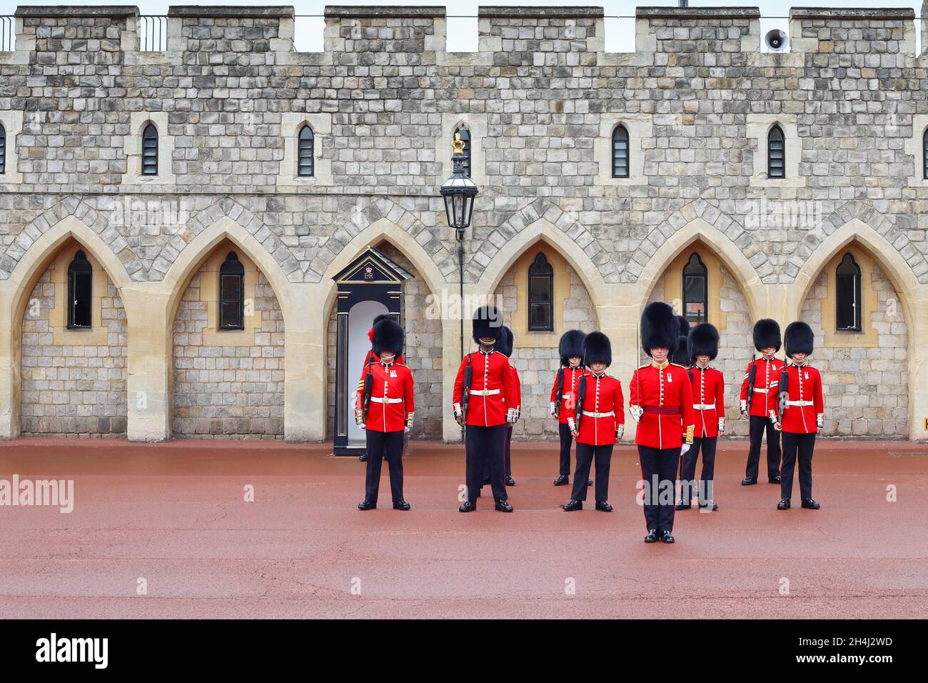 Changing the Guard at Windsor Castle, Berkshire England. The Queen's Guard are also known as British Guards and Queen's Life Guard. Stock Photo