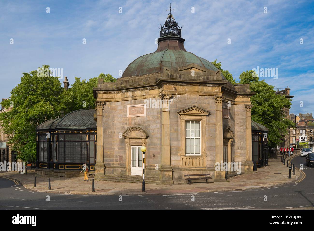 Harrogate Pump Room, view in summer of the octagonal Royal Pump Room (1842) and its iron and glass Museum building (1913), Harrogate, North Yorkshire Stock Photo