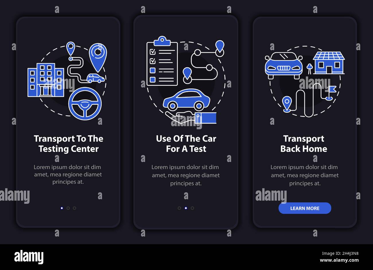 Road test services dark onboarding mobile app page screen Stock Vector