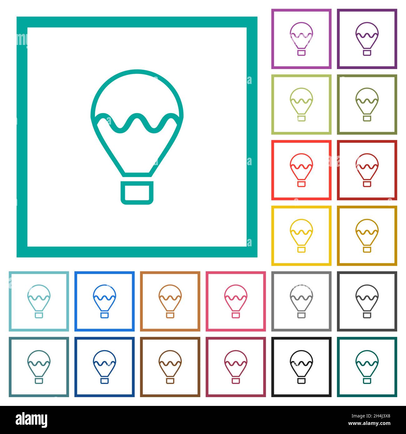 Air balloon outline flat color icons with quadrant frames on white ...