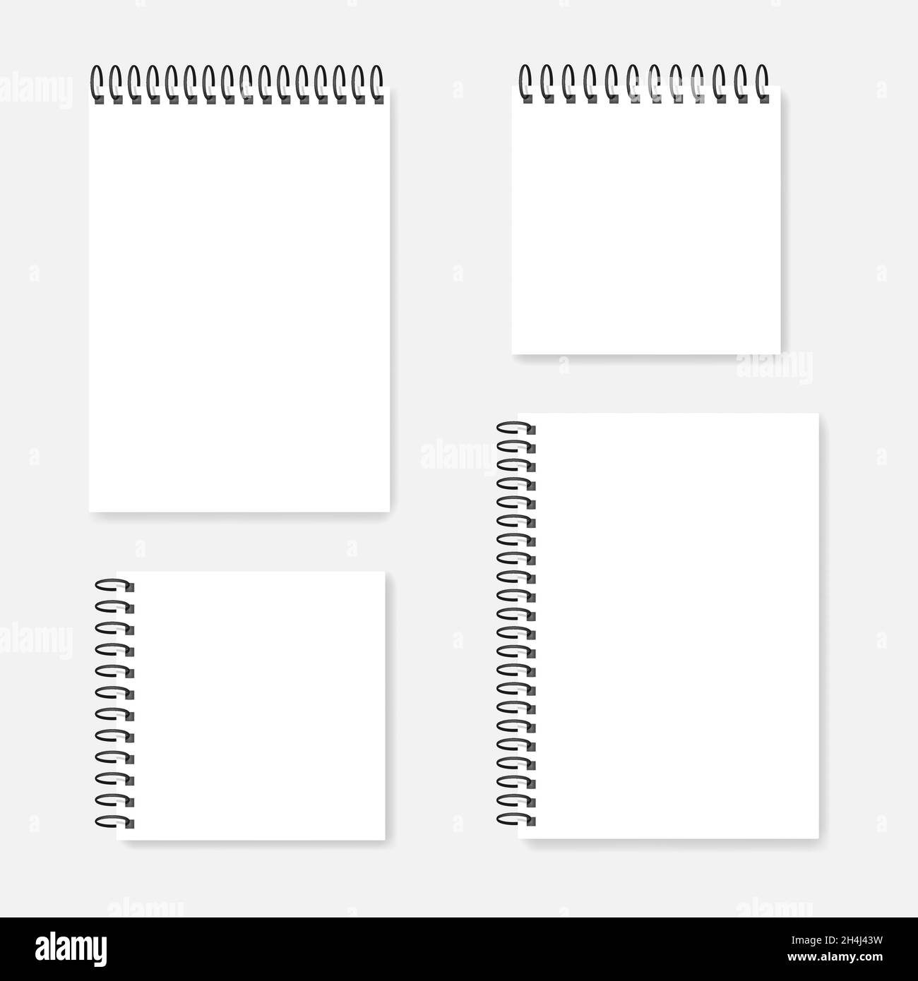 Ring bound blank notebook mockup set - A4 and square. Spiral white diaries. Side and top springs. Vector mock-up Stock Vector