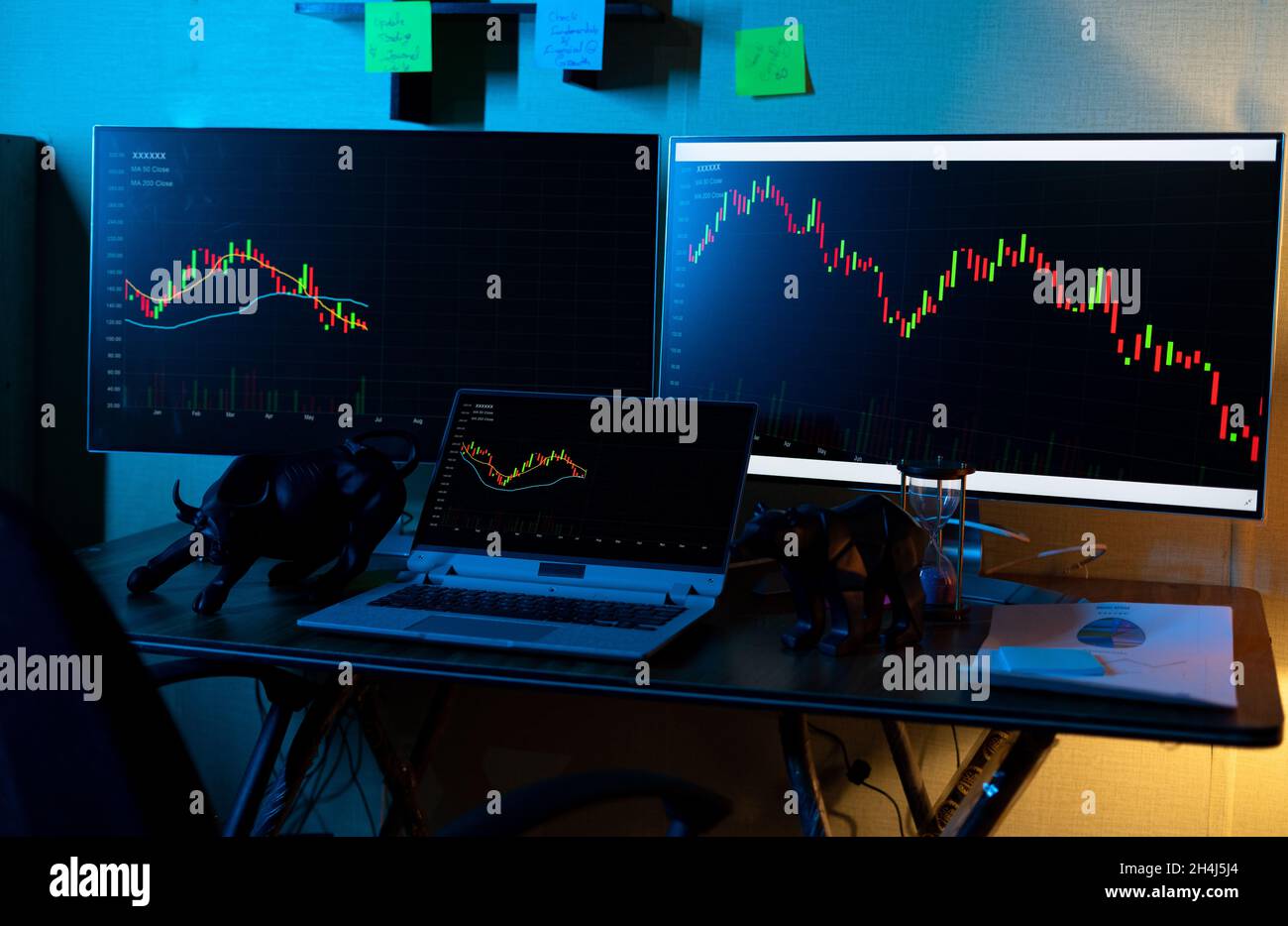 Focus on laptop chart, concept showing of trading setup with running