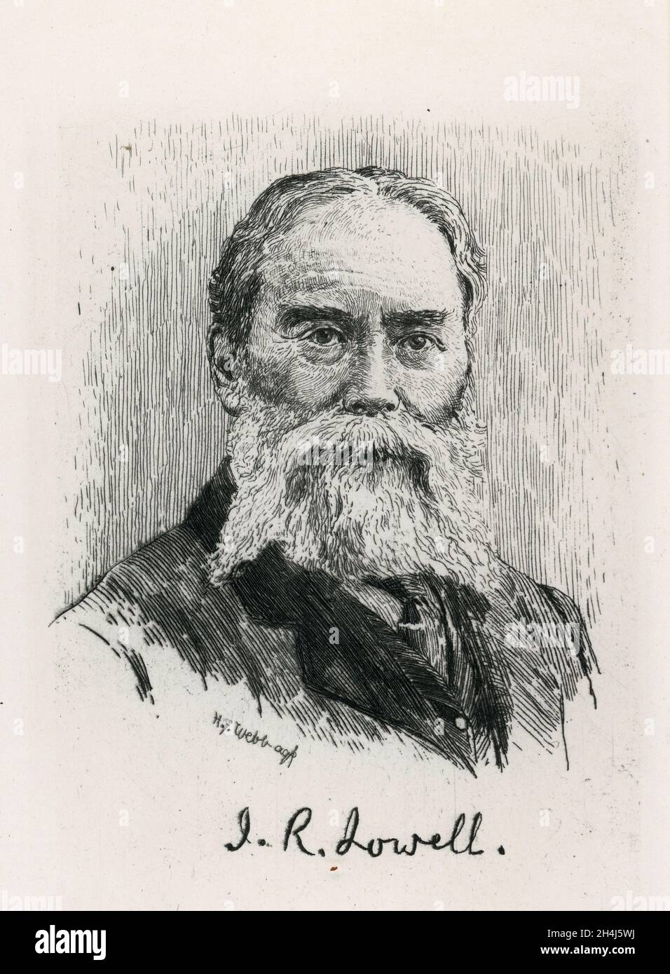 Vintage illustration portrait of James Russell Lowell American Romantic poet, critic, editor, and diplomat. Stock Photo