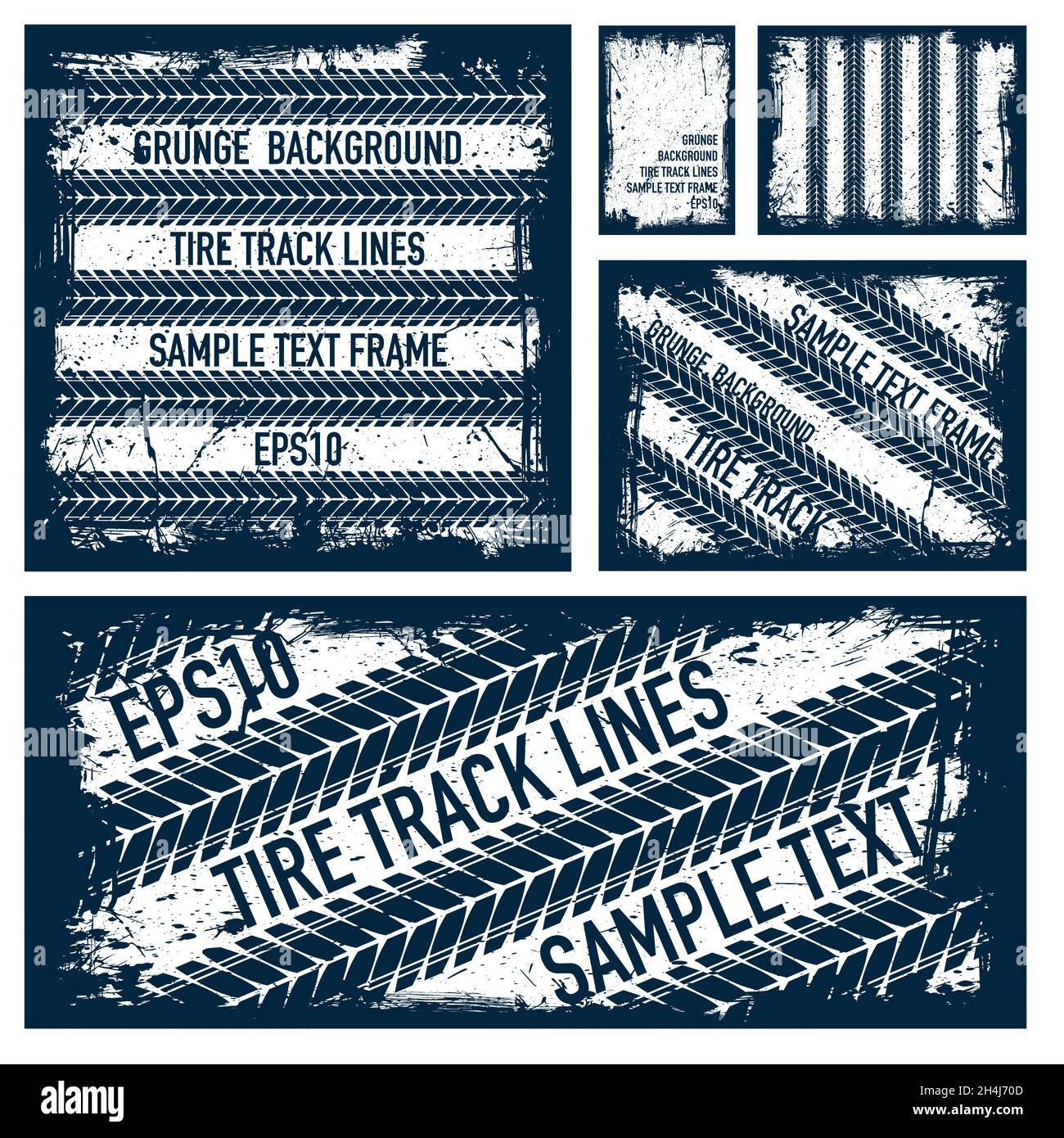 Grunge text tire tracks white frames set Stock Vector