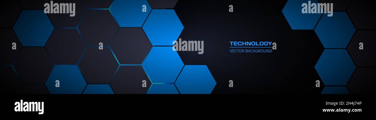 Dark gray and blue hexagonal technology abstract horizontal vector ...